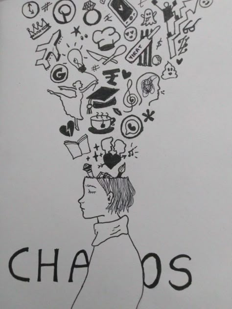 Drawing To Represent Yourself, Doodle Art Meaningful, Social Message Art Sketch, Chaos Mind Illustration, Mind Doodle Art, Mind Sketch Thoughts, Meaningful Doodle Art, Busy Mind Drawing, Sketch Collage Doodles