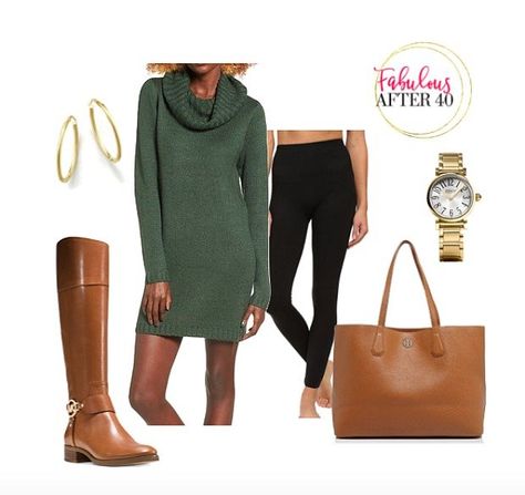 Green Sweater Dress Outfit, Sweater Dress With Boots, Style A Sweater Dress, Olive Sweater Dress, Sweater Dress Outfit Winter, Sweater Dress Leggings, Green Sweater Dress, Olive Sweater, 40 Fashion Women