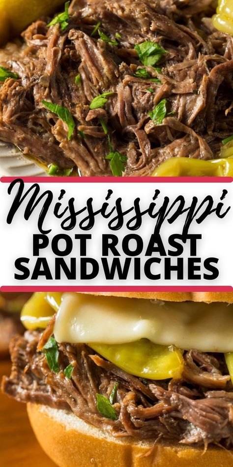 Crock Pot Mississippi Pot Roast Sandwiches are moist, juicy beef that you need in your life! This slow cooker sensation is an easy family favorite recipe that takes only minutes to put together.  These sandwiches are a melt in your mouth explosion of flavor Roast Beef Sandwich Crockpot, Mississippi Beef Sandwiches, Roast Beef In A Can Recipes, Chuck Roast Crockpot Sandwiches, Roast Sandwiches Crock Pot, Roast Sandwich Recipes, Mississippi Sandwich, Chuck Roast Crock Pot Recipes Sandwiches, Roast Beef Crock Pot Recipes Sandwiches