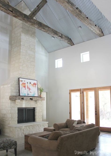 Corrugated Metal Ceiling, Beams Ceiling, Rustic Beams, Metal Ceilings, Barn Tin, Barn Apartment, Metal Beam, Ceiling Materials, Corrugated Roofing