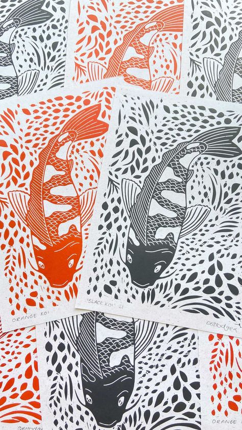 Koi Fish Linocut, Koi Linocut, Wood Printmaking, Lino Art Ideas, River Mural, Orange Koi Fish, Lino Cut Ideas, Koi Fish Print, Orange Koi