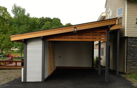 Moving Artwork, Modern Carport, Portable Carport, Carport With Storage, Carport Ideas, Curved Pergola, Wooden Garage Doors, Shed Makeover, Carport Sheds