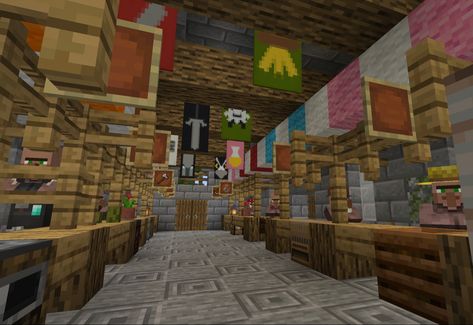 Villager shop #minecraft Villager Trading Booths Minecraft, Minecraft Villager Trader Hall, Villager Shops Minecraft, Villager Trading Area Minecraft, Minecraft Villager Job Buildings, Minecraft Villager Trading Hall Interior, Banner Shop Minecraft, Minecraft Villager Market, Minecraft Villager Jobs