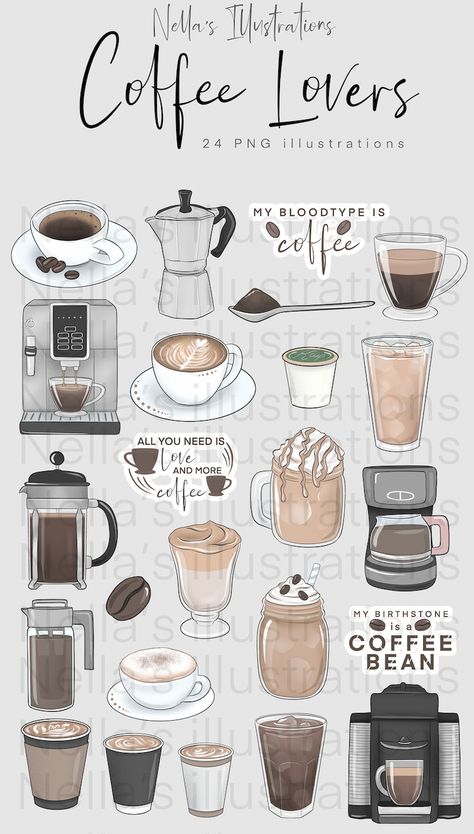 Coffee Clipart / Instant Downloadable Art Print / Coffee | Etsy Background Paper Printable, Coffee Sticker Design, Coffee Printables, Coffee Clipart, Shopping Clipart, Coffee Drawing, Rick Y Morty, Coffee Stickers, Coffee Print