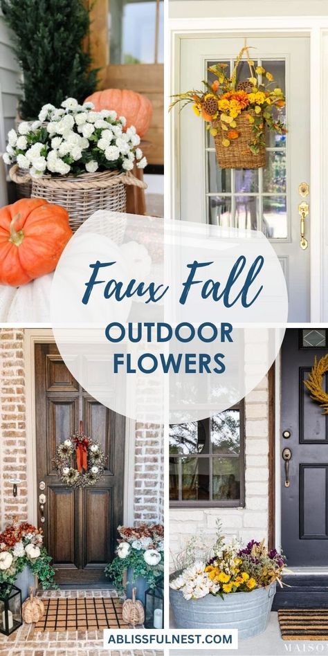 Create a stunning fall display that will last all season long with faux fall outdoor flowers. These realistic arrangements capture the essence of autumn, adding a pop of color and texture to your outdoor space. Say goodbye to wilted blooms and hello to effortless beauty that withstands the elements. #fallflorals #porchdecor #lowmaintenance Faux Fall Flowers, Outdoor Fall Arrangements, Fall Flower Arrangements Outdoor, Fall Outdoor Flowers, Fall Pots Outdoor Planters, Patio Table Centerpiece, Faux Outdoor Plants, Fall Pots, Fall Flower Arrangements