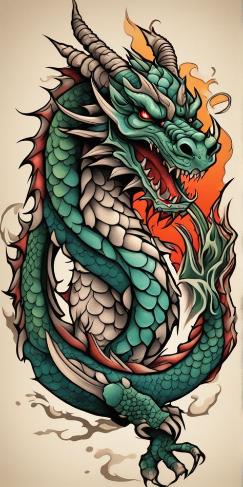 Dragon Drawing With Color, Neotraditional Dragon Tattoo, Neo Trad Dragon, Dragon Drawing Color, Neotraditional Dragon, Neo Traditional Dragon Tattoo, Color Dragon Tattoo, Colour Tattoo Designs, American Traditional Dragon