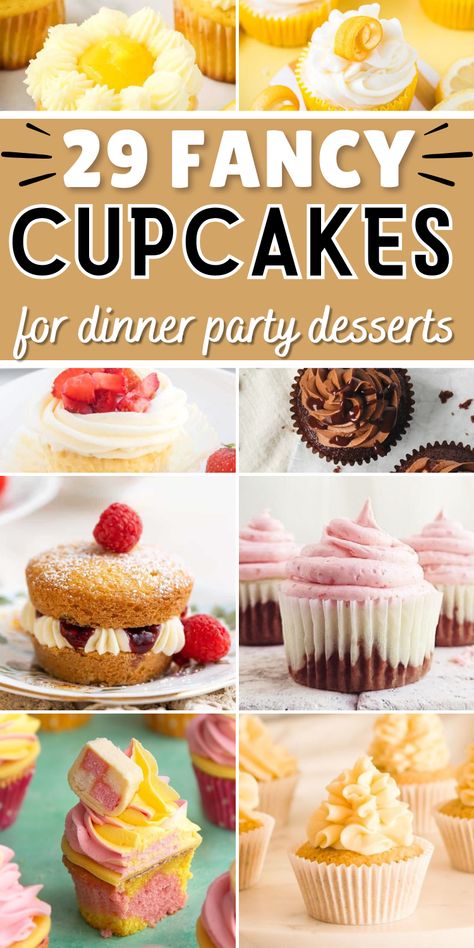 collage of gourmet cupcakes with text fancy cupcakes for dinner party desserts. Ming Makes Cupcakes, 20 Birthday Cupcakes Ideas, Cupcake Flavors List, Cupcakes Graduation Ideas, Cupcake Presentation Ideas Display, Dessert Flavor Combinations Chart, Bake Off Winning Recipes, Elegant Chocolate Cupcakes, Bake Sale Cupcake Ideas