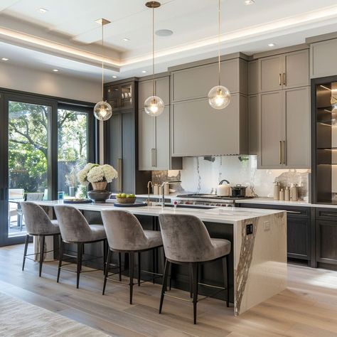 Shaped Kitchen With Island, High Contrast Kitchen Design, Light Gray And White Kitchen, Farmhouse Modern Kitchen, Transitional Modern Kitchen, Modern Transitional Kitchen, Transitional Kitchen Ideas, Transitional Style Kitchen, Glamorous Kitchen