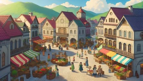 Premium Photo | Quaint town square with cobblestone streets colorful market stalls Cartoon Town, Zine Inspiration, Tree Town, Square Drawing, Scene Drawing, Cobblestone Streets, Market Square, Market Stalls, Town Square