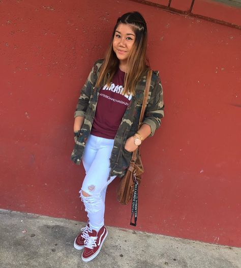 #thrasher #vans #maroon #outfit #armyjacket Edgy Vans Outfits, Maroon Vans Outfit, Red Vans Outfit, Vans Maroon, Vans Outfits, Outfits Highschool, Maroon Vans, Maroon Outfit, School Outfits Highschool