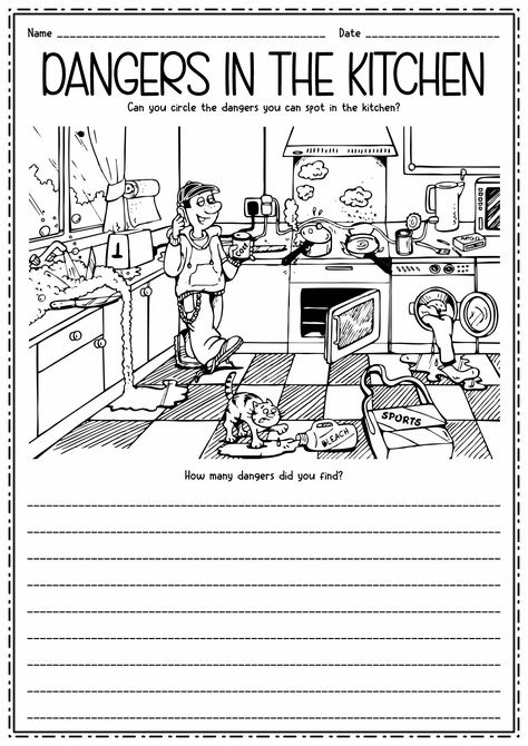 Kitchen Safety Hazards Worksheet Food Safety Lesson Plans, Home Economics Worksheets, Food Handling Safety Education, Food Safety Worksheets, Cooking Worksheets For Kids, Safety At Home For Kids Worksheets, Safety Worksheets For Kids, Kitchen Safety For Kids, Kitchen Safety Worksheets