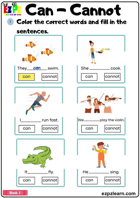 Can/Cannot Color the Correct Words and Fill in the Sentences Grammar Worksheet pdf - Ezpzlearn.com Can And Cannot Worksheet, Can Cannot Worksheet, Can And Can't Worksheet, Modal Verbs Worksheets, Word Order In Sentences, English Alphabets With Pictures, Holiday Word Search, Common App Essay, Common App