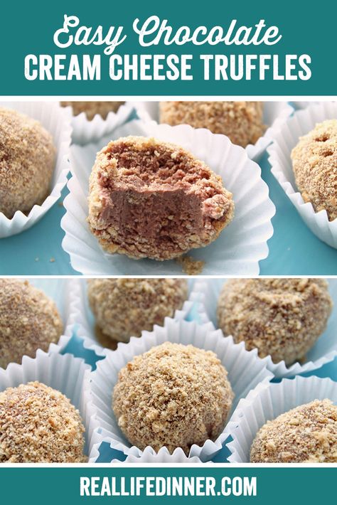 Only five ingredients. The perfect sweet treat. Taste like Chocolate Cheesecake. Easy Chocolate Cream Cheese Truffles look fancy but are super simple to make! ~ https://reallifedinner.com Cream Cheese Truffles, Cheese Truffles, Holiday Candy Recipes, Cheesecake Easy, Easy Truffles, Easy Candy Recipes, Easy Candy, Christmas Candies, Truffles Recipe