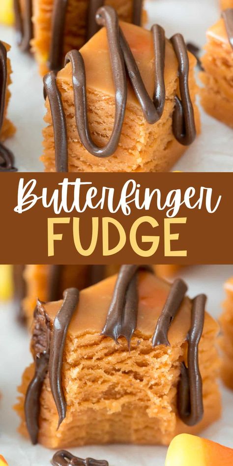 Butterfinger Fudge made with peanut butter and candy corn - this is an easy fudge recipe that tastes like homemade Butterfingers candy bars! Fudge With Candy Corn, Poor Mans Dessert Recipe, Butter Finger Fudge, Fudge Made With Candy Corn, Wow Butter Recipes, Candy Corn Peanut Butter Fudge, Candy Corn Butterfinger Fudge, Butter Cream Candy Recipe, Candy Corn Butterfingers