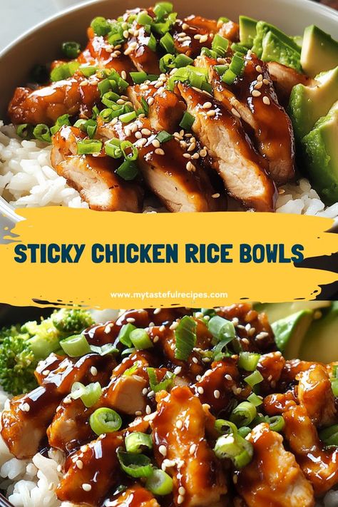 Indulge in these Sweet and Sticky Chicken Rice Bowls! Featuring tender chicken coated in a rich sauce, served over rice and topped with colorful veggies, it’s a delightful dish that’s sure to impress! Sticky Rice And Chicken Recipe, Sesame Chicken Rice Bowl, Sticky Rice Meal Ideas, Asian Chicken Dishes For Dinner, Chicken Rice Bowls Recipes, Asian Bowls Chicken, Sticky Rice Bowl Recipe, Chicken Sticky Rice, Cajun Chicken Rice Bowl