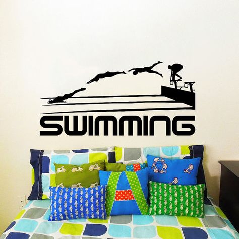 Swimming Bedroom Ideas, Swimmer Room Ideas, Swim Locker Decorations, Swimmer Bedroom Ideas, Swim Meet Decorations, Swimmer Wallpaper Bathroom, Swim Team Gifts, Boys Dorm Room, Swimming Motivation