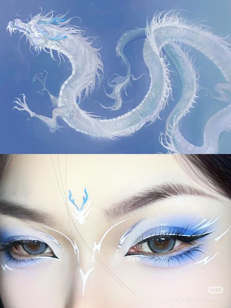 Face Markings Art, Shenhe Makeup, Sky Makeup Look, Genshin Inspired Makeup, Face Markings Character Design, Make Up Artistique, Angel Inspired Makeup, Space Themed Makeup, Blue Douyin Makeup