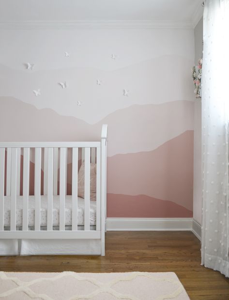 Pink Nursery Mural, Nursery Accent Wall Mural, Nursery Accent Wall Artwork, Pink Mountain Wall, Nursery Wall Design Paint, Pink Mountain Mural, Pink Mountains Nursery, Baby Girl Room Wall Painting Ideas, Baby Girl Mountain Nursery