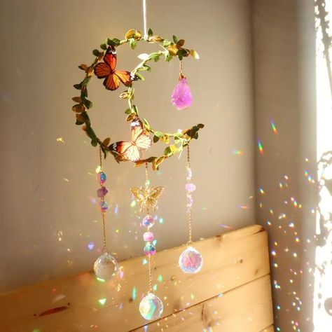 Crystal Sun Catcher Moon Wind Chime Pendant Wedding Party - Temu Prism Aesthetic, Bedroom Window Decor, Moon Wind Chimes, Butterfly Bedroom, Aesthetic Butterfly, Ethereal Light, Crystal Wind Chimes, Butterfly Crystal, Crystal Suncatcher