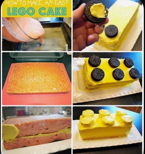 Lego Party Desserts, Easy Lego Cupcakes, Lego Pretzel Rods, Lego Cakes Ideas, Duplo Birthday Cake, Diy Lego Cake, Lego Cake Diy, Diy Lego Birthday Cake, Duplo Cake