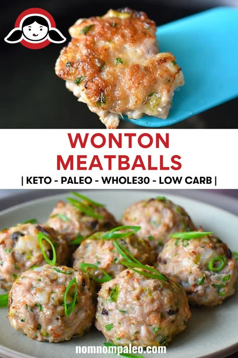 These flavor-packed Paleo and Whole30-friendly Wonton Meatballs remind me of my mom’s wontons, and my family loves them, too—including even my pickiest son! Keto Wonton, Wonton Meatballs, Meatballs Keto, 1200 Calorie Diet Meal Plans, Whole30 Dinner, Whole30 Dinner Recipes, Whole30 Dinners, Nom Nom Paleo, Keto Meal Prep