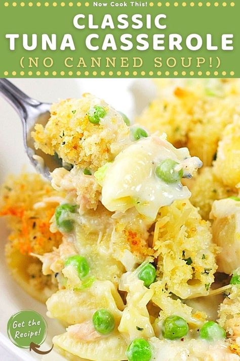 This classic tuna noodle casserole is creamy and cheesy with a crispy panko breadcrumb topping, and it’s made without canned soup. It’s easy, inexpensive, delicious, and a perfect comfort food dinner for any night of the week that the whole family will love! Get the recipe and give it a try! Tuna Casserole Without Noodles, Homemade Tuna Noodle Casserole, Tuna Soup, Creamy Tuna Noodle Casserole, Tuna Noodle Casserole For 2, Small Batch Tuna Noodle Casserole, Tuna Noodle Casserole No Canned Soup, Easy Tuna Casserole Simple, Tuna Casserole Recipes No Soup