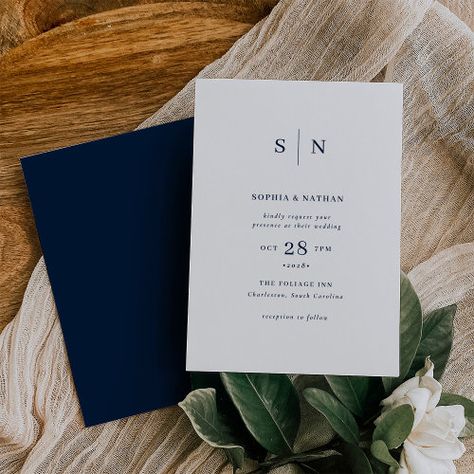 $2.98 | Minimal and Chic | White with Navy Blue Wedding #wedding, simple, minimalist, elegant, text based, modern, initials or monogram, traditional classic classy, dark blue and white, navy blue Navy Blue Wedding Theme, Silver Glitter Wedding Invitations, Popular Wedding Invitations, Dark Blue Wedding, Annapolis Wedding, Blue Wedding Invitation, Navy Blue Wedding Invitations, Wedding Simple, White Wedding Theme