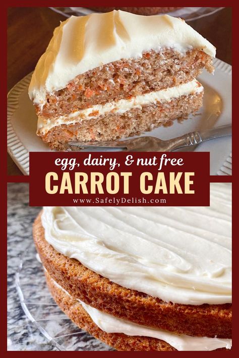 This Egg Free Carrot Cake is incredibly easy to make. It’s light, fluffy, perfectly spiced, and excellent topped with homemade cream cheese or vanilla frosting. Grab a few fresh carrots and some basic pantry staples, and you’ll be enjoying this beautifully simple dessert in no time! #eggfree #nutfree Egg Free Carrot Cake, Dairy Free Vanilla Frosting, Dairy Free Carrot Cake, Egg-free Recipes, Milk Allergy Mom, Egg Free Baking, Carrot Cake Recipe Easy, Homemade Cream Cheese, Easy Carrot Cake