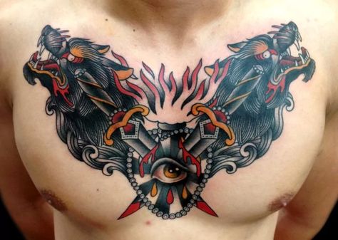 16452.webp (690×492) Traditional Chest Tattoo Men, Tattoo Across Chest, Old Style Tattoos, Traditional Chest Tattoo, Traditional Dagger Tattoo, Traditional Tattoo Man, Traditional Chest, Wolf Tattoo Design, Chest Tattoo Men