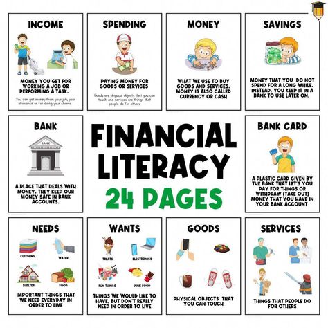 Teaching Kids Finances, Kids Financial Literacy, Teaching Kids About Money, Financial Education Books, Financial Literacy Kindergarten, Money Activities For Kids, Money Literacy, Financial Literacy For Kids, Money Infographic