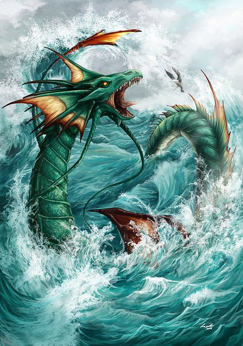 Outcast Odyssey Sea Serpent on Behance World Serpent, Serpent Tattoo, Myths & Monsters, Look Wallpaper, Sea Serpent, Fairy Dragon, Water Dragon, Sea Dragon, Green Dragon