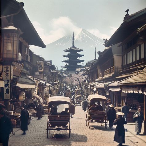 Historic Japanese Street: Bustling street scene in Japan with traditional rickshaws, quaint shops, and Mount Fuji in the distance. #japan #street #mount fuji #rickshaws #cultural #traditional #buildings #shops #aiart #aiphoto #stockcake https://ayr.app/l/z6Ba 1920s Japan, Shinto Aesthetic, Japan Culture Traditional, Japan Town, Japanese Buildings Traditional, Japan Building, Ancient Japanese Architecture, Historical Japan, Japanese Buildings