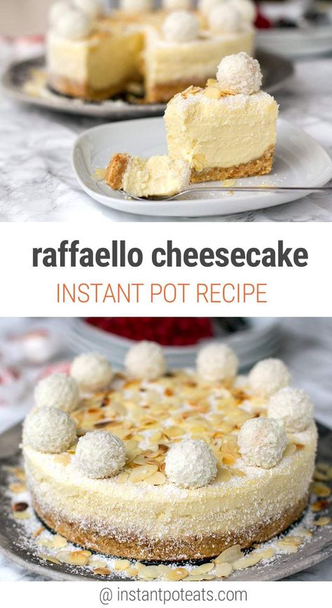 Instant Pot Raffaello Cheesecake - the best pressure cooker dessert you will ever make! Raffaello Cheesecake, Cheesecake Instant Pot, Pressure Cooker Desserts, Best Pressure Cooker, Instant Pot Recipe, Salty Cake, Decadent Cakes, Almond Flavor, Savoury Cake