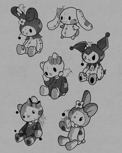 Cute sanrio plushies available to get inked!! My melody top left corner is taken - - - #flash #tattooflash #kawaii #kawaiiaesthetic #kawaiicore #sanrio #sanriocore #sanrioaesthetic Cinnamoroll Tattoo Ideas, Mini Character Design, Sanrio Flash Tattoo, How To Draw Sanrio, Matching Sanrio Tattoos, Kuromi Illustration, Kuromi And My Melody Tattoo, Tattoos For 3, Kuromi Tattoo