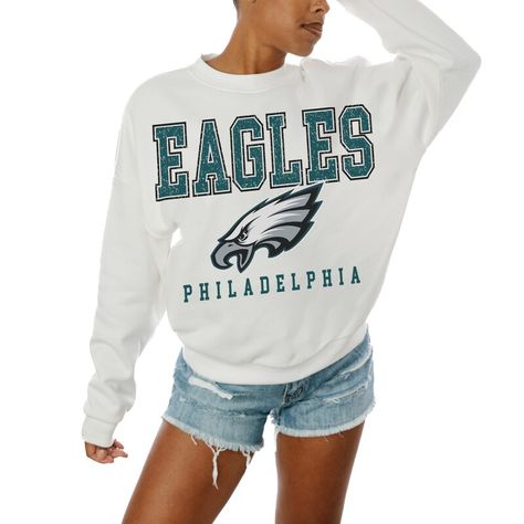 The Women's Gameday Couture White Philadelphia Eagles Sunday Drives Oversized Crewneck Pullover Sweatshirt is the perfect way to show your support for the Philadelphia Eagles. Made from a lightweight cotton and polyester blend, this oversized sweatshirt is ideal for mild conditions. The screen-printed graphics feature the Philadelphia Eagles logo and wordmark, allowing you to showcase your team spirit wherever you go. A must-have for any Philadelphia Eagles fan, this sweatshirt combines comfort, Philadelphia Eagles Gear, Eagles Sweatshirt, Philadelphia Eagles Logo, Eagles Logo, Philadelphia Eagles Fans, Gameday Couture, Nfl Philadelphia Eagles, Oversized Crewneck, Sweatshirt White