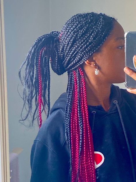 Peekaboo Box Braids Pink And Black, Peekaboo Box Braids Hairstyles, Peekaboo Purple Braids, Peek A Boo Box Braids Red, Knotless Box Braids Peek A Boo Color, White Peekaboo Braids, Braids With Color Underneath, Box Braids Hairstyles With Color, Box Braids Two Colors