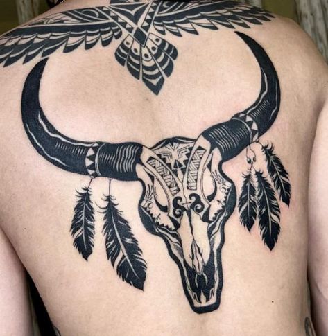 Thunderbird and Bull skull with feathers Skull Chest Tattoo, Bull Skull Tattoo, Skull Tattoo Ideas, Pirate Skull Tattoos, Buffalo Tattoo, Deer Skull Tattoos, Bull Skull Tattoos, Scene Tattoo, Skull Hand Tattoo