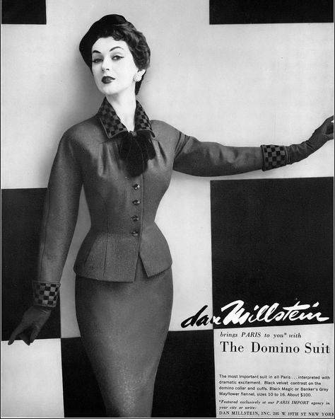 Early supermodel Dovima modeling a Domino suit. #dovima #supermodel #domino #vintage #class #danmillstein Lilli Ann Suit, 1952 Fashion, Dorian Leigh, 1950s Models, Wasp Waist, Lilli Ann, 50's Fashion, Fifties Fashion, 20th Century Fashion