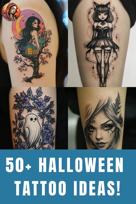 Discover 50+ Halloween Tattoo Designs! Explore spooky tattoo ideas for women, from small Halloween tattoos to intricate designs. Find the perfect eerie inspiration for your next ink this season. Halloween Hand Tattoos For Women, Feminine Halloween Tattoos, Feminine Horror Tattoo, Spooky Thigh Tattoos Women, Halloween Hand Tattoos, Halloween Sleeve Tattoo, Spooky Tattoo Ideas, Small Halloween Tattoos, Halloween Tattoo Designs