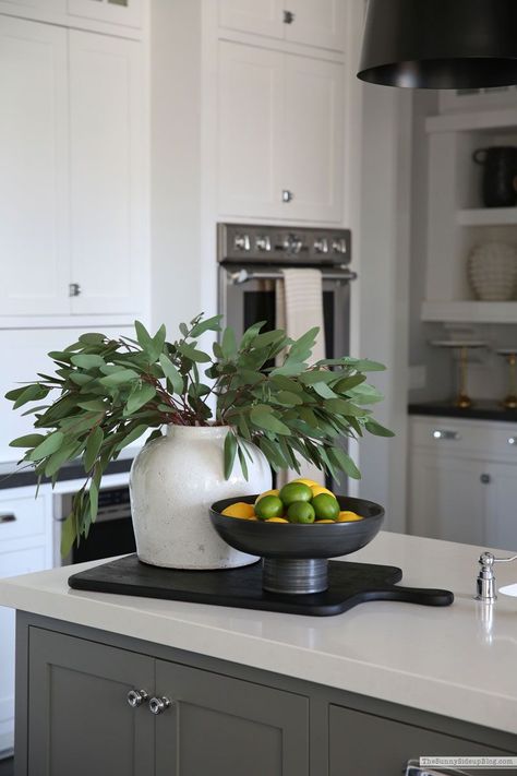 spring branches (sunny side up) Shiplap Dining Room, Faux Tree Branches, Kitchen Arrangement, Faux Branches, Blogger Home, Spring Arrangements, Kitchen Island Decor, Kitchen Counter Decor, Gray Paint