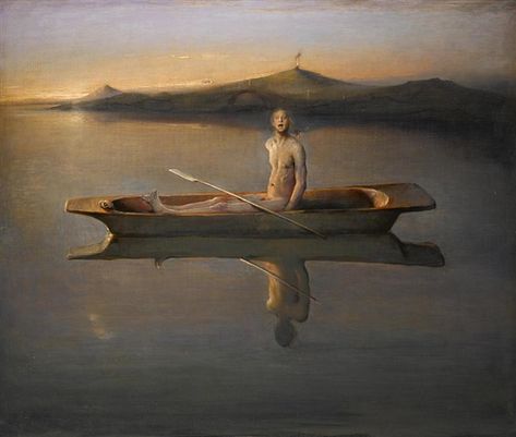 Odd Nerdrum - Man in a Boat, 1998, oil on canvas,  65 X 77 in (165.1 X 195.58 cm). Odd Nerdrum, Art Water, Art Masters, Caravaggio, Rembrandt, Large Painting, Conceptual Art, Still Life Painting, Figure Painting