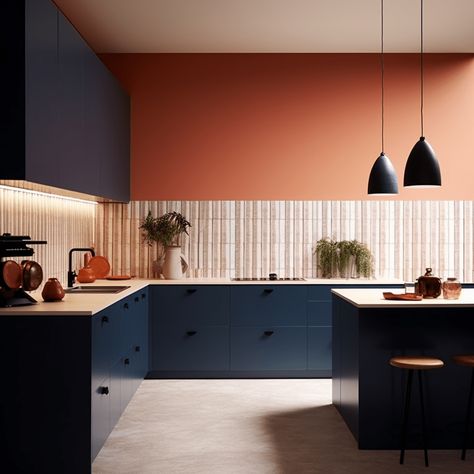 Terracotta And Blue, Dark Blue Kitchen, Terracotta Kitchen, Dark Blue Kitchens, Blue Terracotta, Unique Kitchen Backsplash, Orange Kitchen, Kitchen Floor Tile, Blue Kitchen