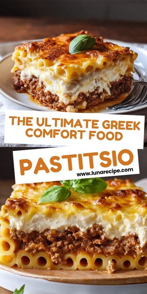 Pastitsio Ingredients: 1 pound dry ziti pasta 1 tablespoon olive oil 1 large onion, chopped 2 cloves garlic, minced 1 1/2 pounds lean ground beef 1/4 teaspoon ground cinnamon 1/4 teaspoon ground nutmeg 1/4 teaspoon ground allspice 1 (15-ounce) can tomato sauce 1 (6-ounce) can tomato paste 1/2 cup red wine 2 eggs, beaten 1 cup grated Parmesan cheese, divided 1/2 cup butter 1/2 cup all-purpose flour 3 cups milk Salt and pepper to taste #Pastitsio #ComfortFood Pastitsio Recipe, Greek Pastitsio, Greek Recipes Authentic, Greek Dinners, Ziti Pasta, Greek Pasta, Foreign Food, Greek Dishes, Parmesan Cheese