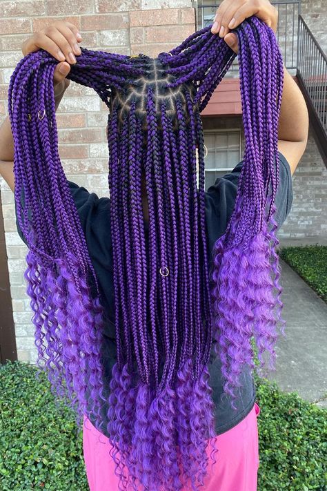 Black And Purple Goddess Braids, Purple Braid Hairstyles, Purple Braids Hairstyles, Braids With Curls Styles, Purple And Black Box Braids, Purple Goddess Braids, Purple And Black Braids, Black And Purple Braids, Purple Hair Braids