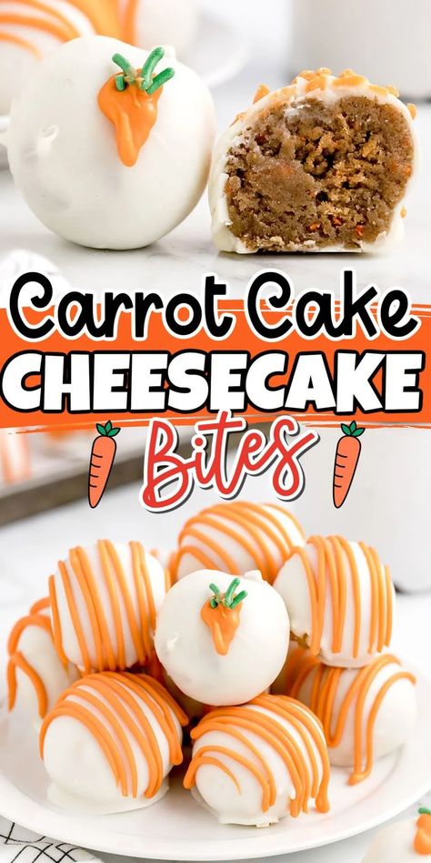 Carrot Cake Bites, Cake Pucks, Spiced Carrot Cake, Mini Carrot Cake, Cake Ball Recipes, Cheesecake Bites Recipe, Dessert Truffles, Easy Carrot Cake, Carrot Cake Cheesecake