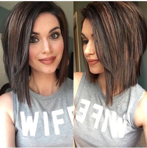 Baylage Short Hair With Bangs, Medium Length Graduated Bob, Med Length Dark Brown Hair With Highlights, Shoulder Length Hair With Layers Choppy, Hair Cuts Shoulder Length With Layers, Long Angled Bob With Layers, Choppy Inverted Bob, Copper And Black Hair, Mommy Haircuts