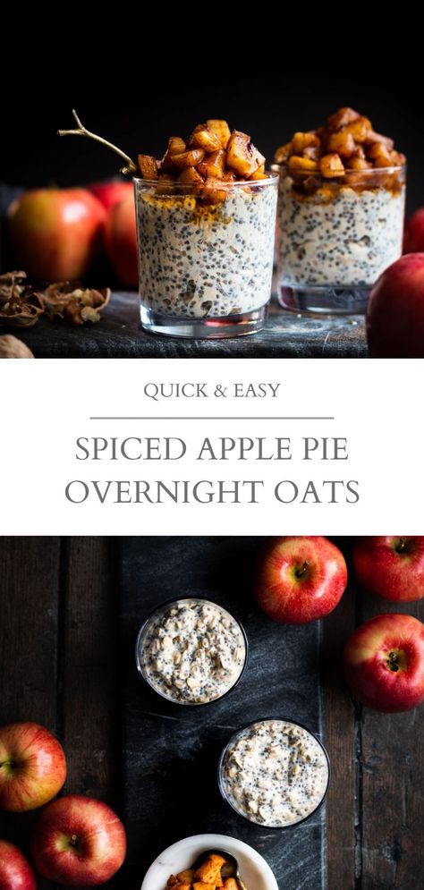 Cozy spiced apple pie overnight oats. A simple chia oatmeal topped with spiced sautéed apples. This quick and easy breakfast is perfect for meal prep or busy weeks. It's also vegan and gluten-free! | Nourished by Caroline #overnightoats #vegan #veganoats #chia #applerecipes #fallrecipes #breakfastrecipes #easyrecipes #healthyrecipes #veganbreakfast #glutenfree #glutenfreebreakfast #mealprep #easybreakfast Apple Pie Overnight Oats Protein, Apple Crumble Overnight Oats, Vegan Make Ahead Breakfast, Quick Oat Recipes, Sautéed Apples, Spiced Apple Pie, Chia Oatmeal, Apple Pie Overnight Oats, Apple Overnight Oats