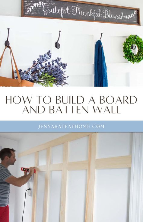 Looking for a stylish update? Learn how to build a board and batten wall with our DIY board and batten wall guide. Perfect for the entryway, laundry room, or bathroom, this easy project adds a classic touch. Follow our board and batten hallway tutorial for step-by-step instructions. Batten Hallway, Board And Batten Hallway, Entryway Artwork, Diy Board And Batten Wall, Entryway Bench Decor, Batten Diy, Entryway Laundry Room, Farmhouse Laundry Room Ideas, Entryway Laundry