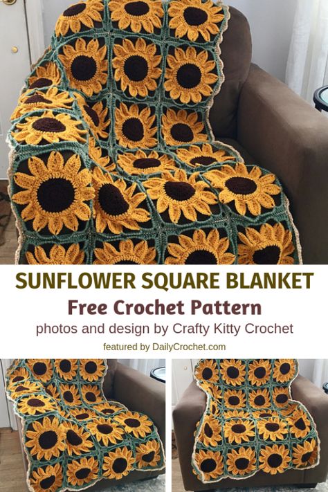 Sunflower Granny Square Pattern Free, Free Crochet Sunflower, Sunflower Granny Square Pattern, Crochet Sunflowers, Diy Granny Square, Sunflower Blanket, Sunflower Brooch, Autumn Crochet, Granny Blanket