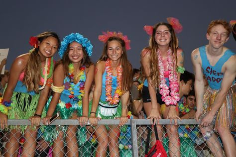 Neon Outfits For Football Games, Surfer Vs Biker Spirit Week Outfits, Surfer Outfit Spirit Week, Outfits For Football Games, Cute Neon Outfits, Hawaiian Themed Outfits, Football Game Outfits, Football Season Outfits, Football Game Outfit Highschool